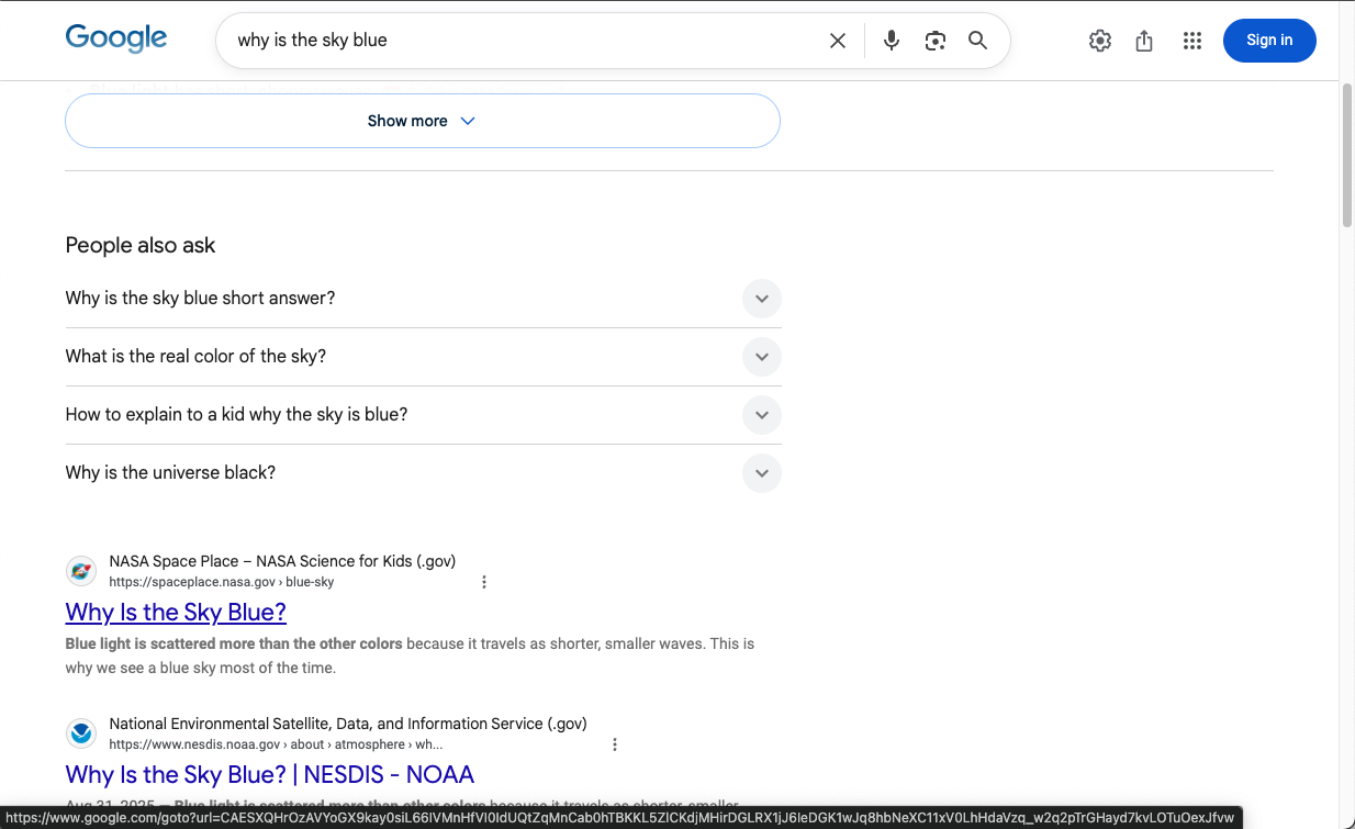 Chrome showing a Google Search result whose bottom-left status bar contains a google.com/goto URL