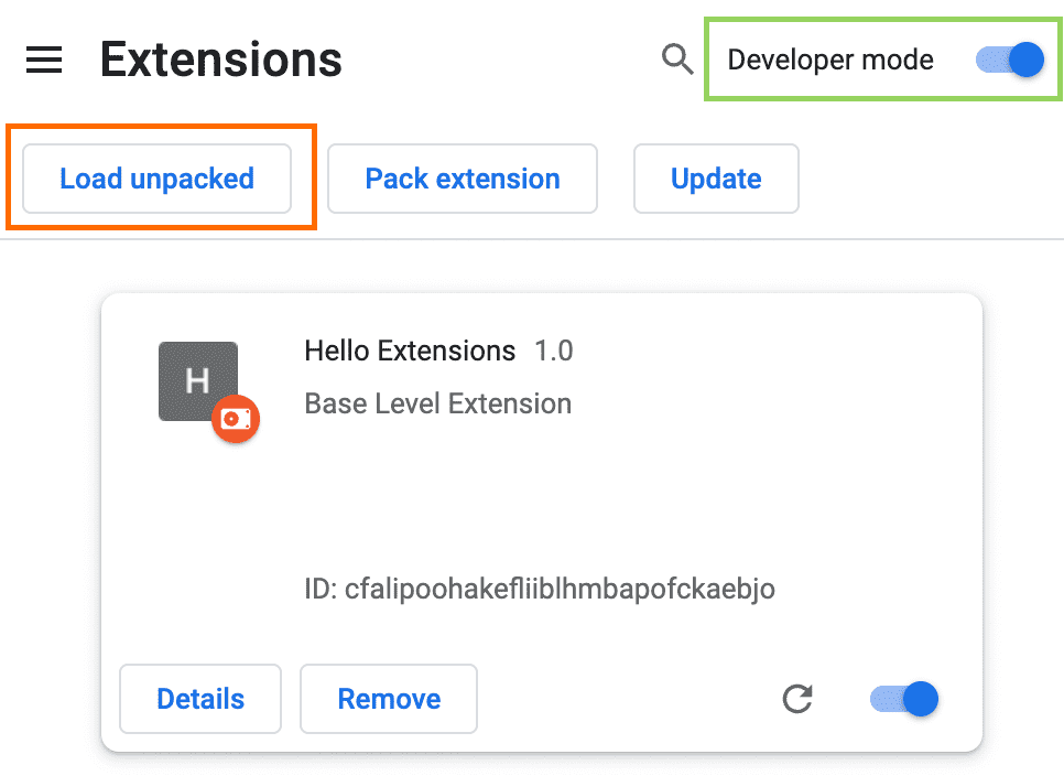 Chrome Extensions page with Developer mode and Load unpacked highlighted